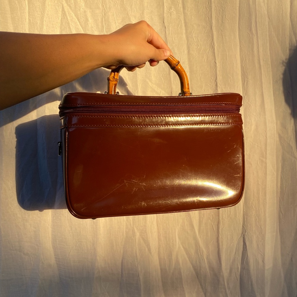 Vintage cherry red patent leather Gucci bamboo handle vanity box